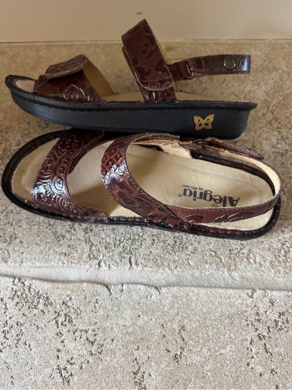 Alegria Brown Embossed Leather Slingback Sandals with Butterfly Detail